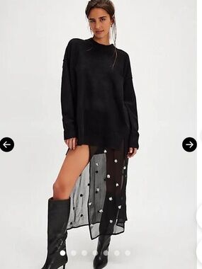 NWOT Free People Black Sheer Embroidered Wrap Midi Skirt